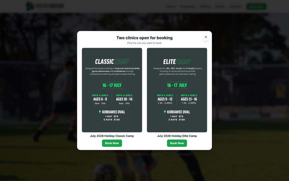Ovens Soccer homepage — bookings and payments platform